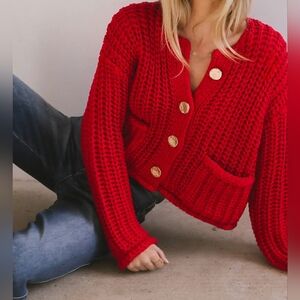 $76 Aaron & Amber Chunky Knit Cropped Oversized Cardigan Women L Metal Buttons